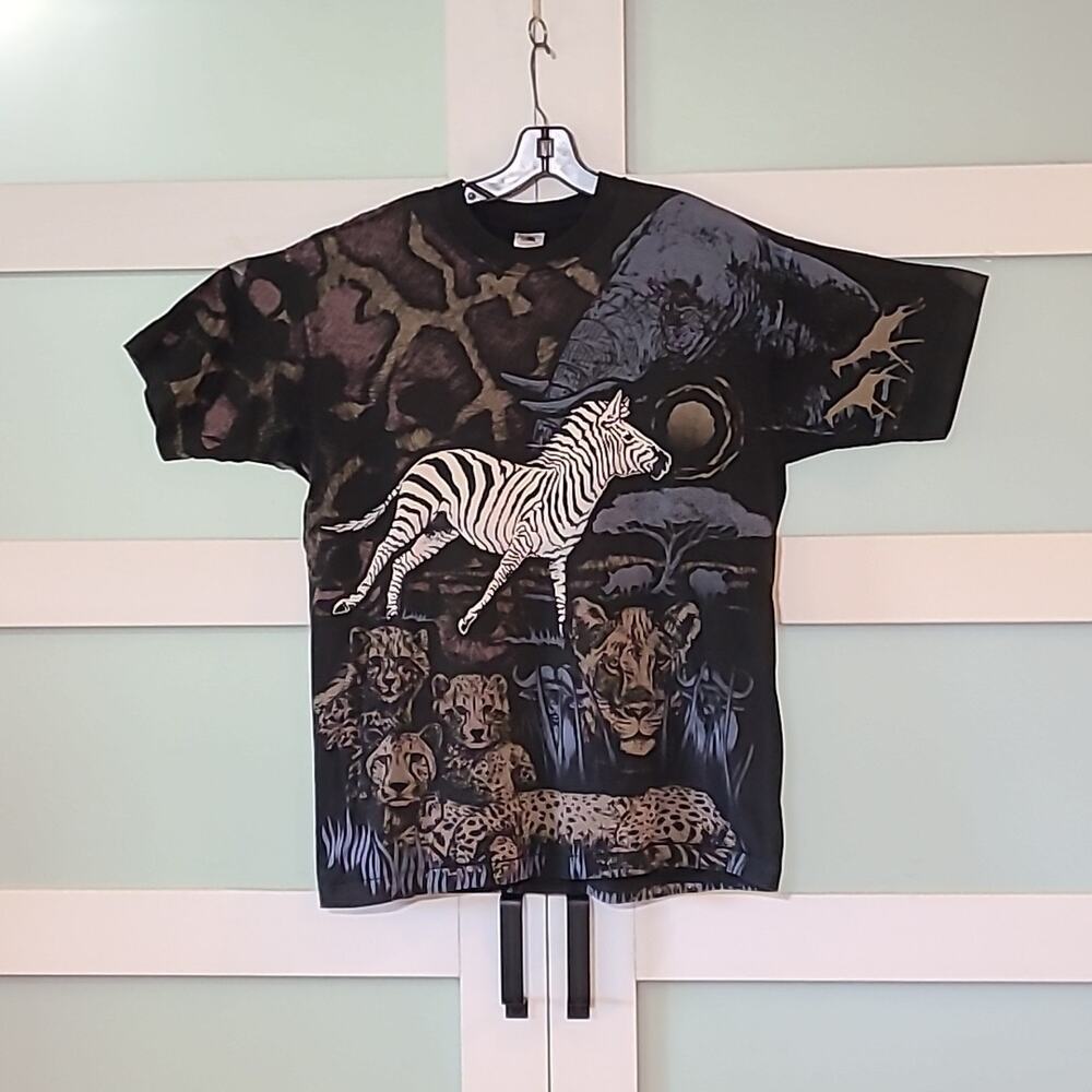 Vtg 90s Wildlife Safari cheetah Lion Zebra T-Shirt Sz XL Single Stitch AOP